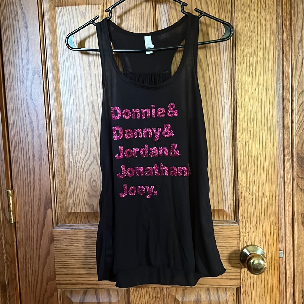 Etsy top with New Kids On The Block names in pink glitter
